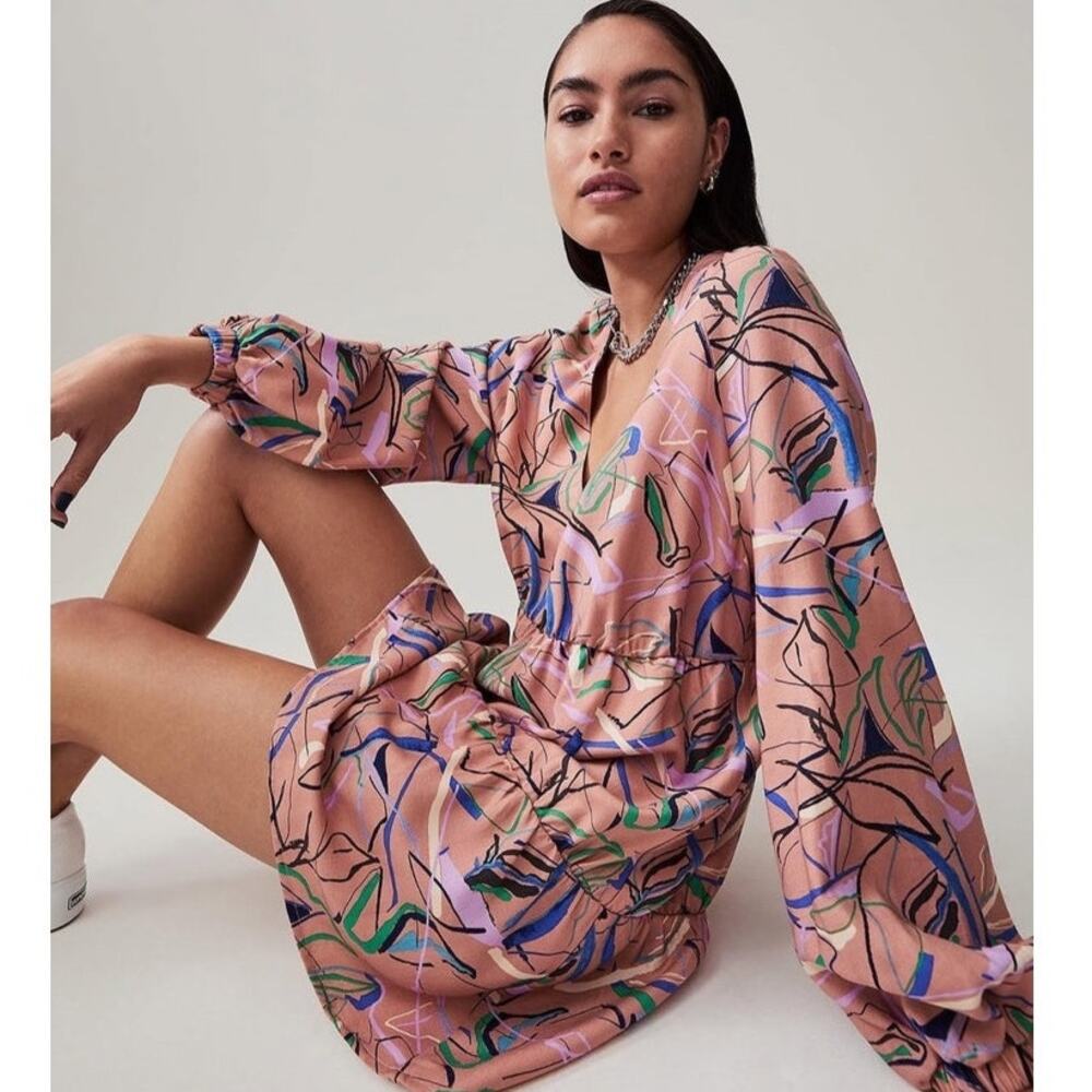 Open Edit Patterned Abstract Flowy Long Sleeve V Neck Short Dress Size S